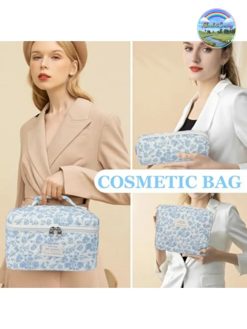 Quilted Cotton Makeup Bag Set, 3 Sizes Floral Travel Toiletry Organizer, Cute